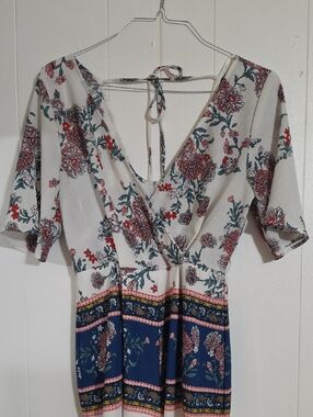 Blue Rain Floral V-Neck Jumpsuit in Ivory, Navy & Pink